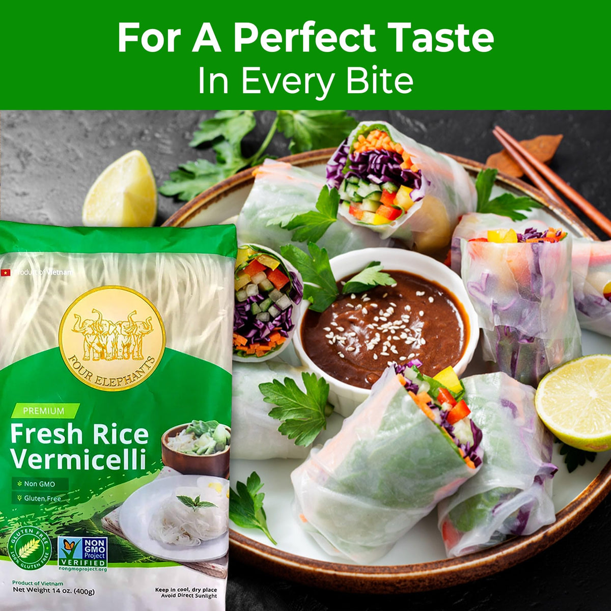 Four Elephants Rice Vermicelli spring rolls — holds shape and texture.