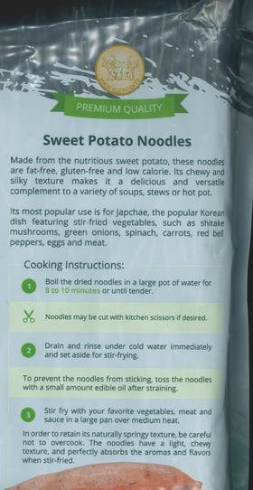 Four Elephants sweet potato noodles cooking ready, capturing chewy texture ideal for stir-fries.