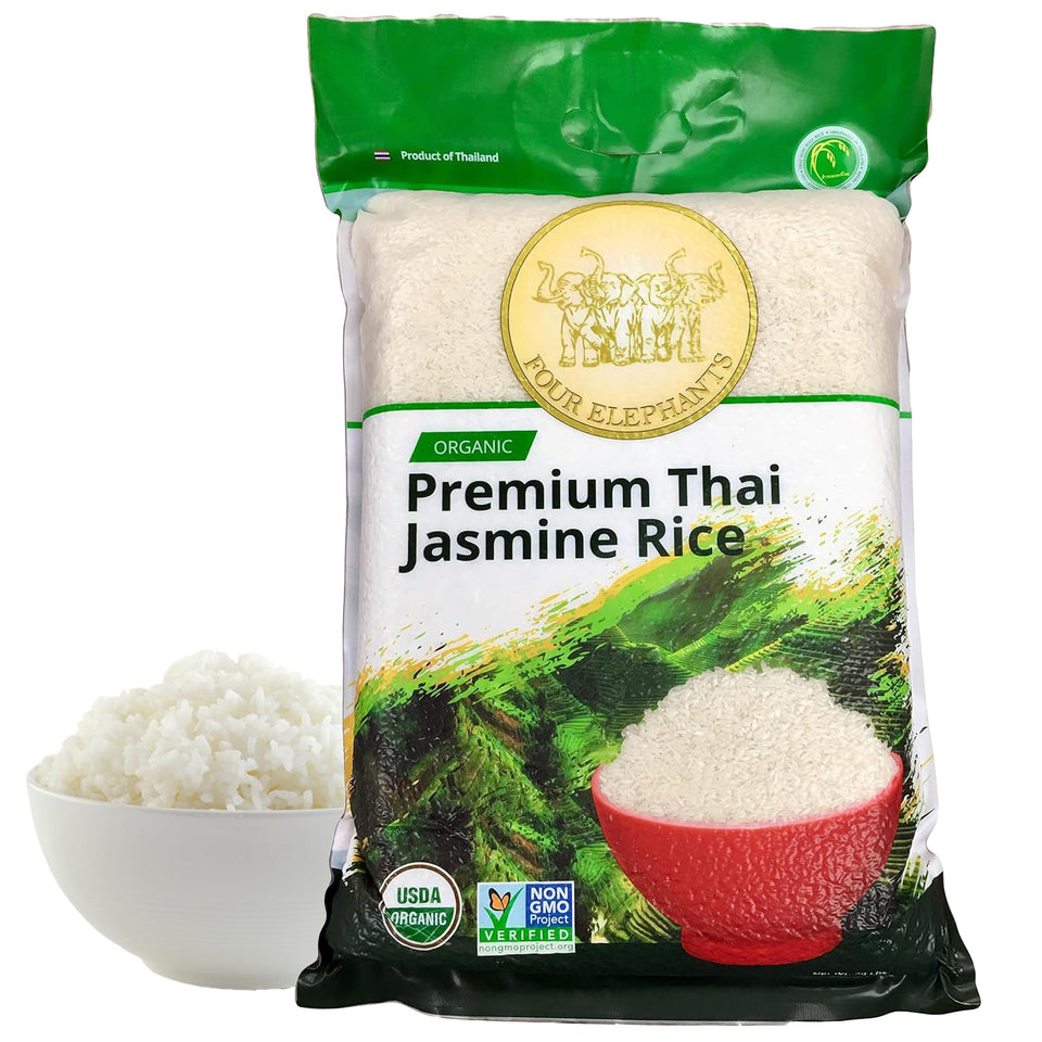 Four Elephants Thai Jasmine rice 20lb bag for family meal prep.