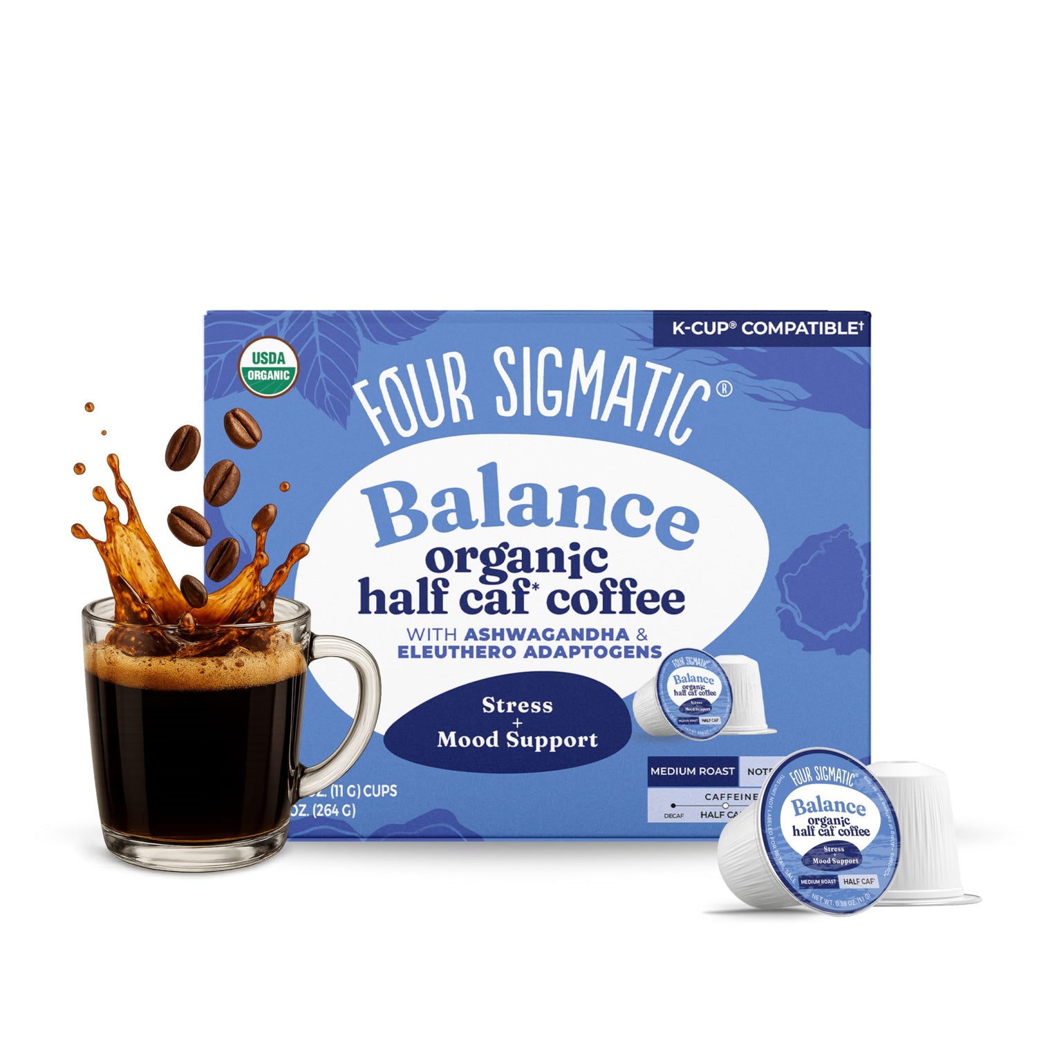 Four Sigmatic Adaptogen Coffee K-Cups packshot showing medium roast and calming adaptogens.