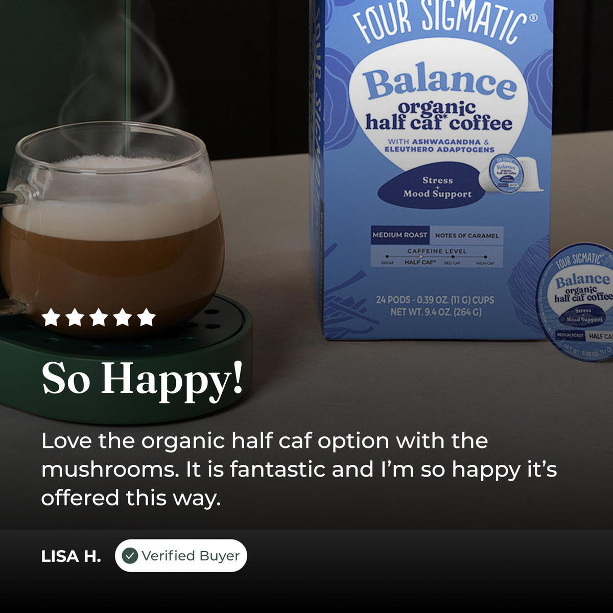 Four Sigmatic tulsi leaf image suggests refreshing aroma and flavor harmony.