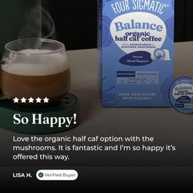 Four Sigmatic tulsi leaf image suggests refreshing aroma and flavor harmony.