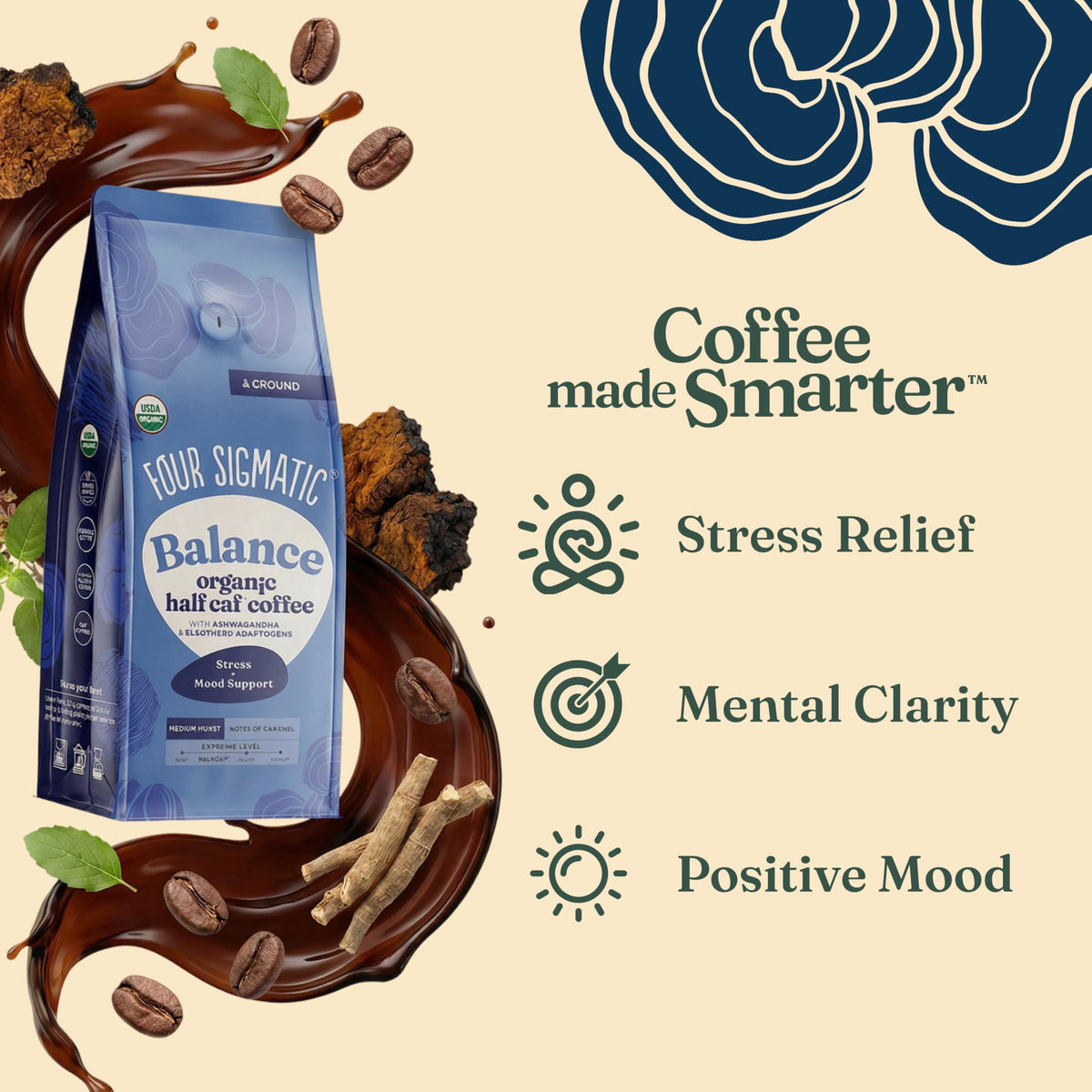 Four Sigmatic Balance coffee bag label showcasing organic ingredients