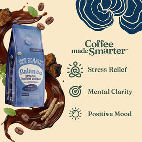 Four Sigmatic Balance coffee bag label showcasing organic ingredients