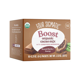 Four Sigmatic Boost Mushroom Cacao cordyceps packet ready to mix for energy.