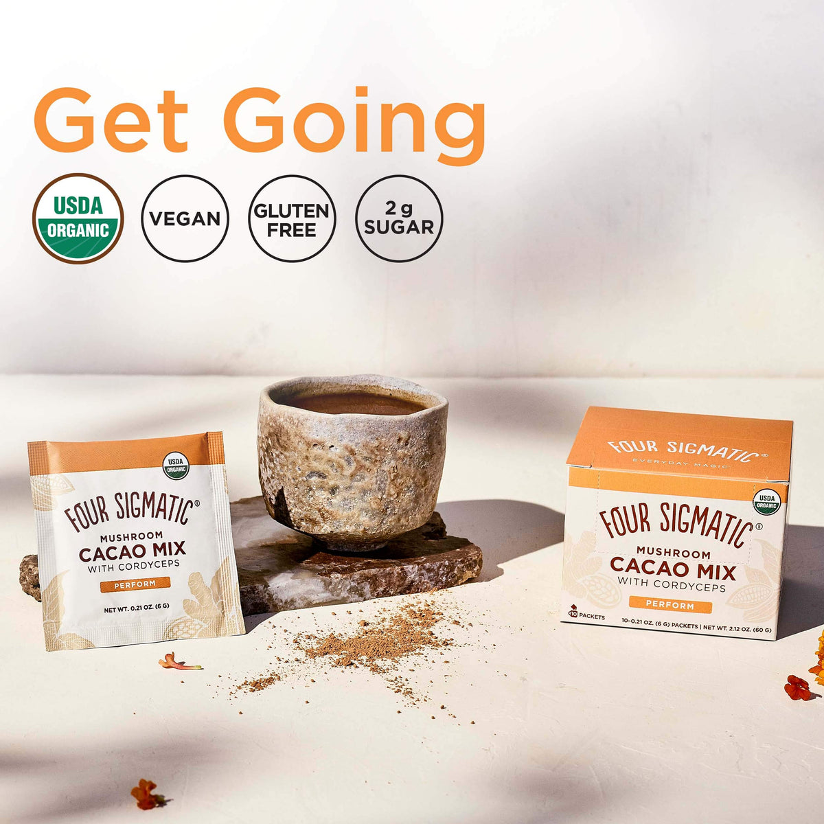 Ingredient list highlights vegan, dairy-free, gluten-free, organic sourcing.