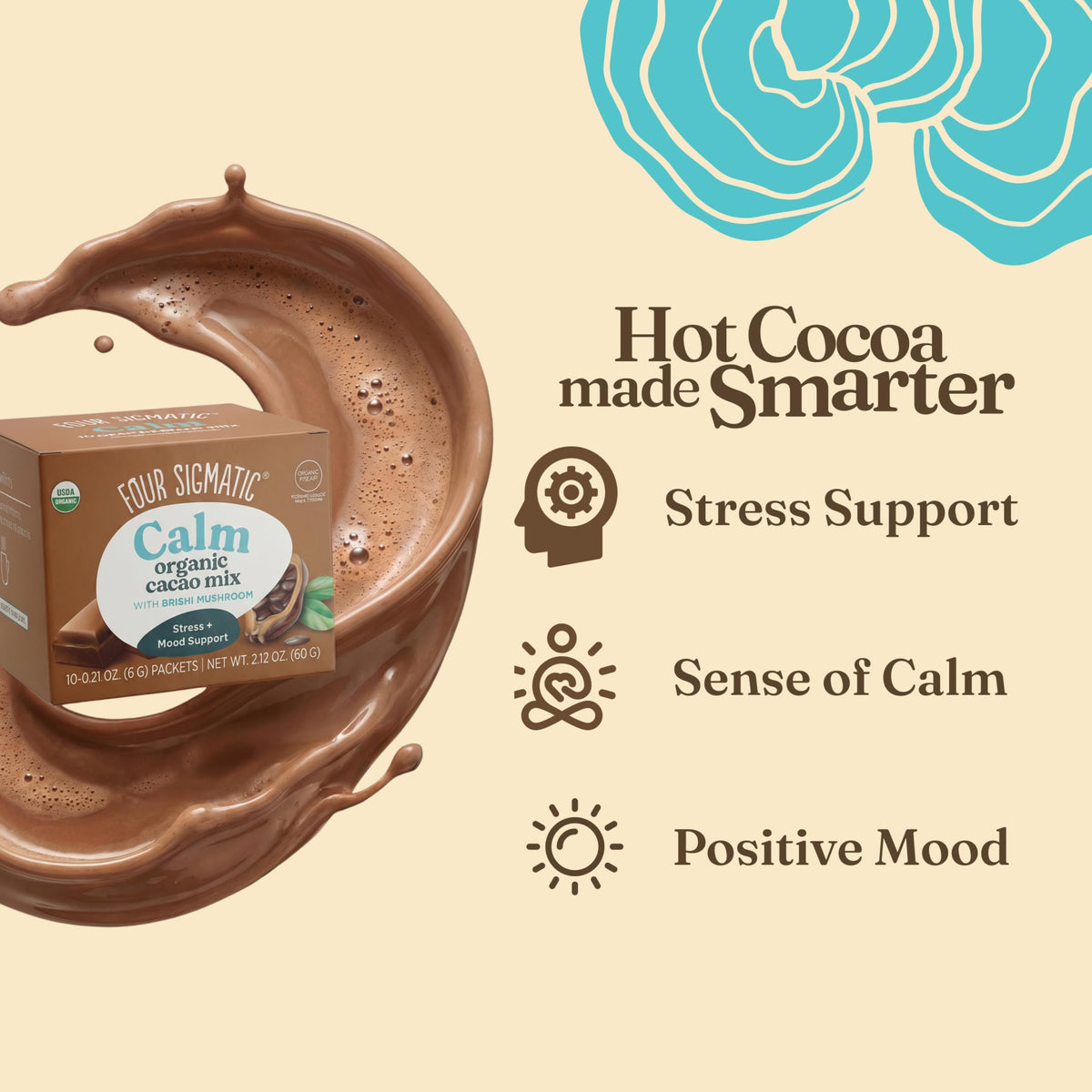 Four Sigmatic Calm Cacao Mix powder scooped with a spoon for easy portioning.