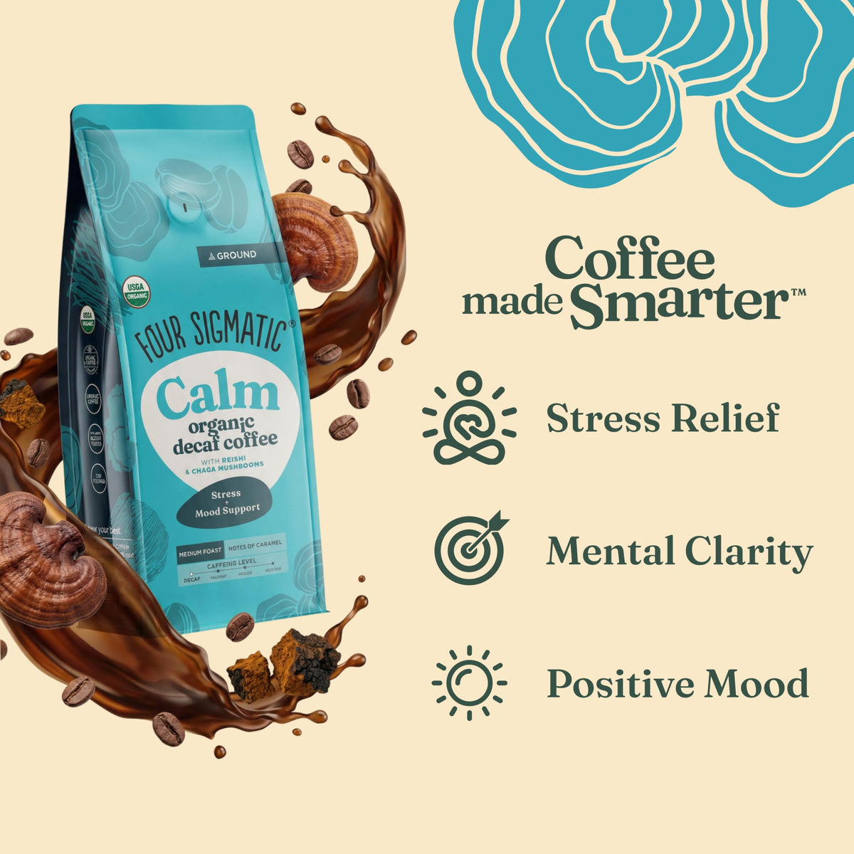 Close-up of Four Sigmatic Calm decaf coffee grind showing rich aroma and notes.