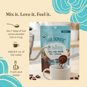 Ingredients list shows cacao, reishi, coconut milk powder and monk fruit in Four Sigmatic mix
