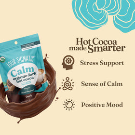 Closeup of the Four Sigmatic Calm label highlighting organic, low-sugar cocoa blend