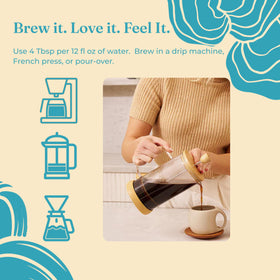 Mushroom-infused coffee promoting a mindful, gentle daily ritual.
