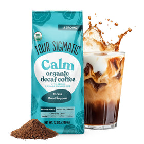 Four Sigmatic Calm organic decaf coffee bag highlighting Swiss Water processing and flavor potential.