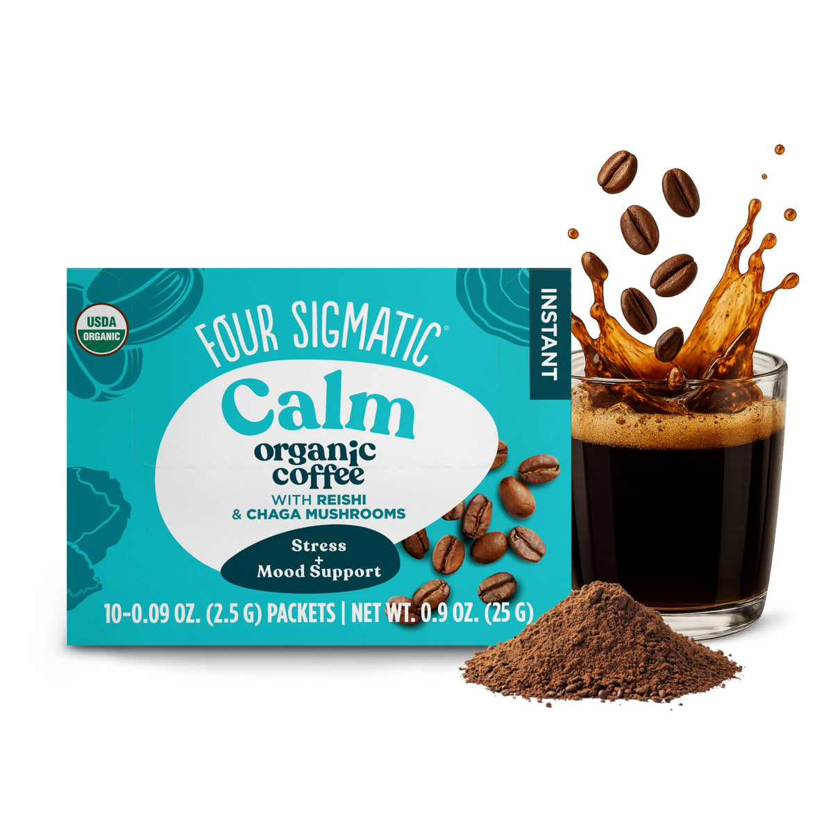 Four Sigmatic Calm Organic Instant Coffee packets ready to mix for steady energy.