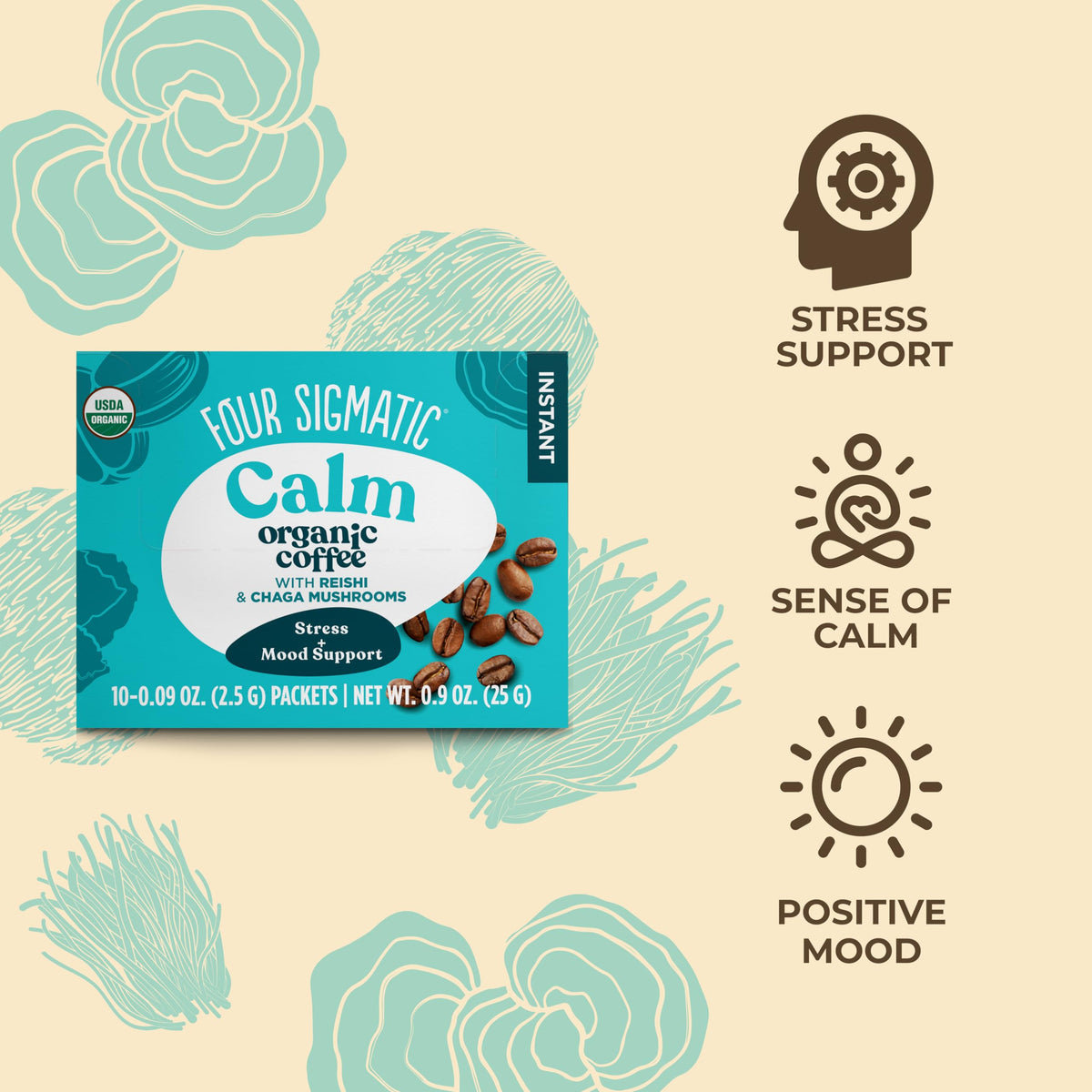 Steaming cup of Four Sigmatic Calm shows smooth, caramel-toned flavor.