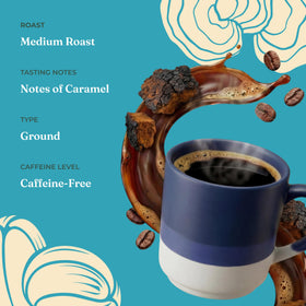 Steaming cup of Four Sigmatic Calm invites a relaxed morning routine.