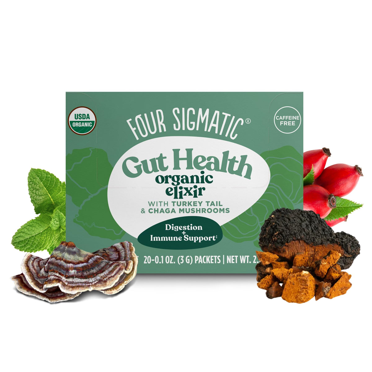 Four Sigmatic Chaga Elixir bottle with mint and rose hips for a caffeine-free, immune-friendly ritual
