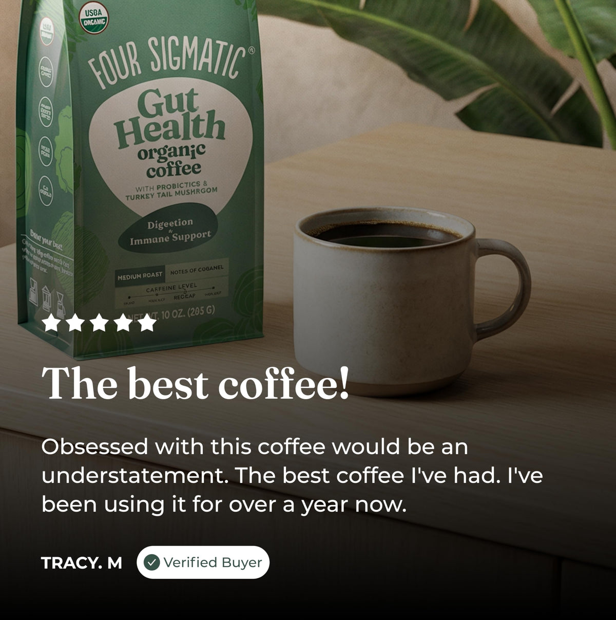 Four Sigmatic packaging highlighting probiotic blend and natural ingredients for gut support