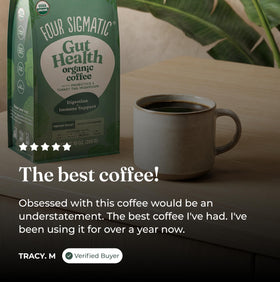 Four Sigmatic packaging highlighting probiotic blend and natural ingredients for gut support