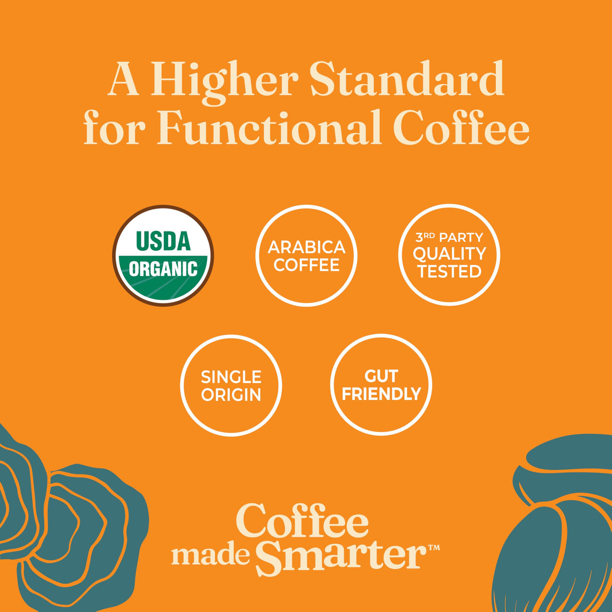 Cup on saucer showcasing Four Sigmatic decaf mushroom coffee with a low-acid finish.