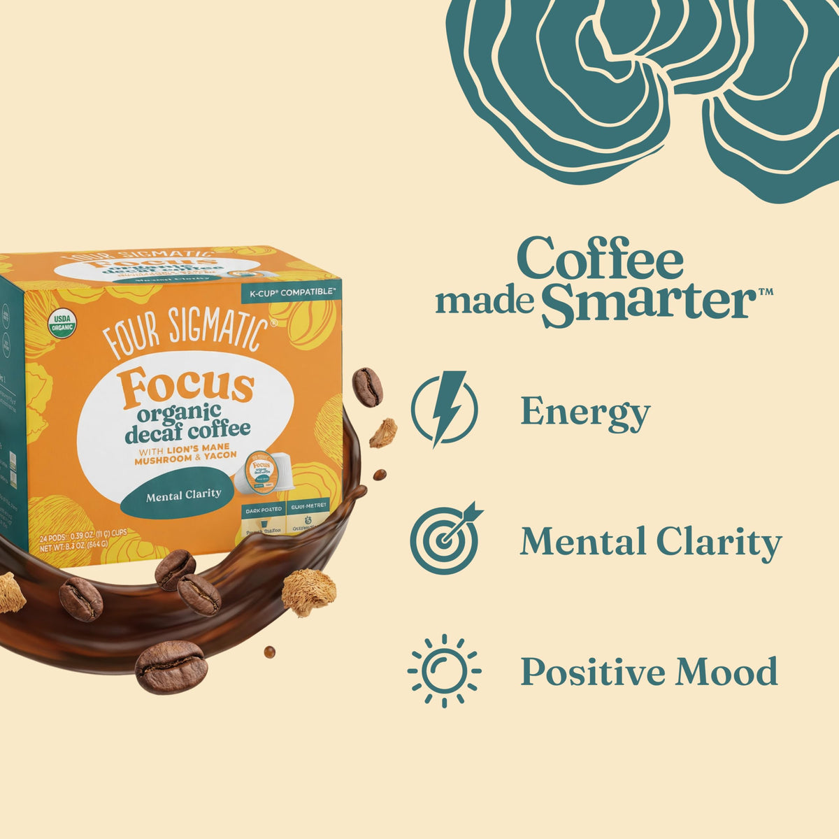 Pouring Four Sigmatic decaf mushroom coffee K-Cups for a smooth brew.