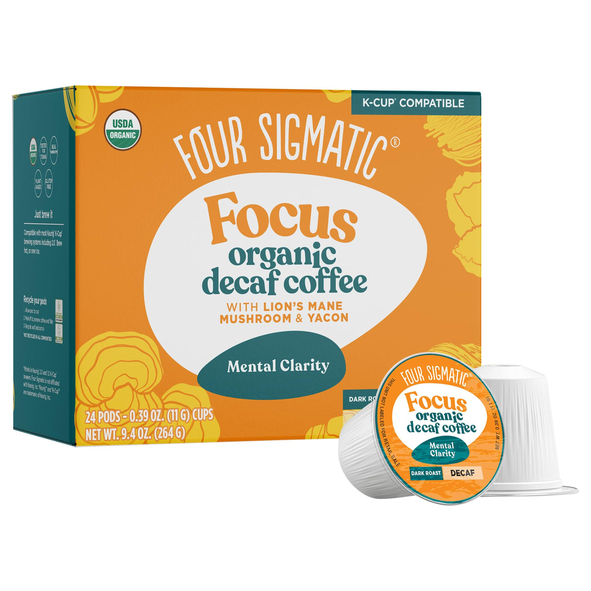 Four Sigmatic decaf mushroom coffee K-Cups packaging for convenient, on-the-go focus.