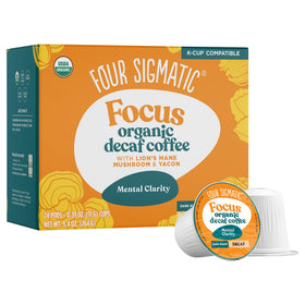Four Sigmatic decaf mushroom coffee K-Cups packaging for convenient, on-the-go focus.