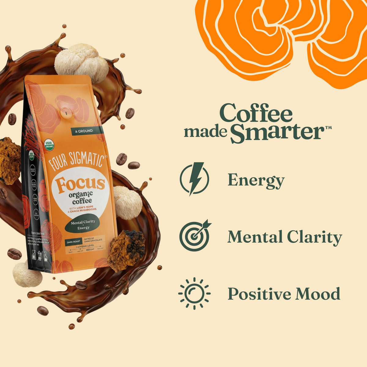 Four Sigmatic Focus Coffee cup showing bold flavor and calm focus.