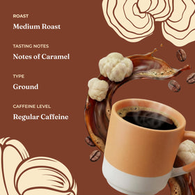 Pouring Four Sigmatic Focus Ground Coffee for a smooth, steady cup.