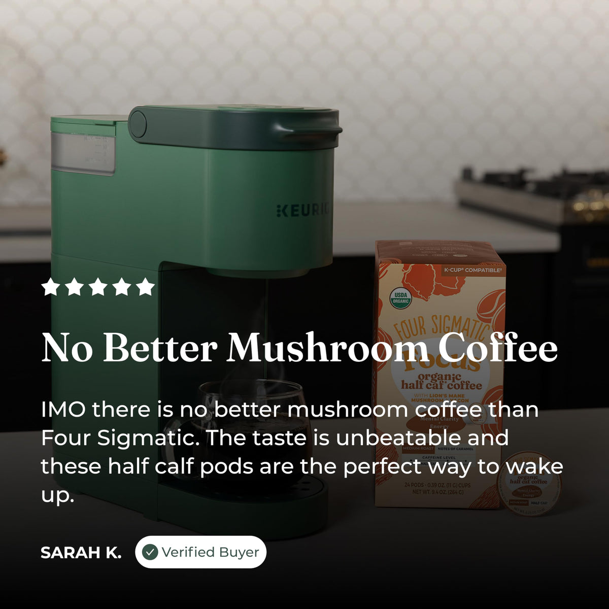 Four Sigmatic Focus Half Caf coffee brew cup demonstrates balanced energy without jitters.