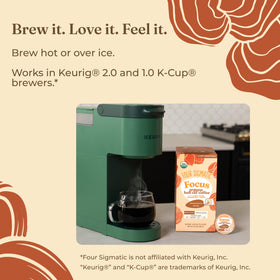 Four Sigmatic Focus Half Caf pack on shelf conveys eco friendly convenience.