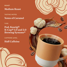 Four Sigmatic Focus Half Caf coffee pods closeup on label highlights organic ingredients.