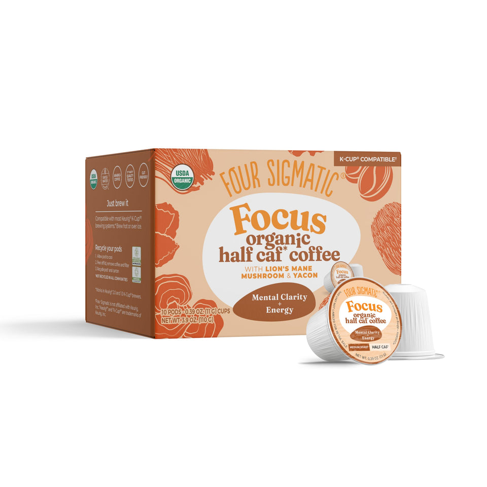 Four Sigmatic Focus Half Caf coffee pods with lion's mane for focused energy and clarity.