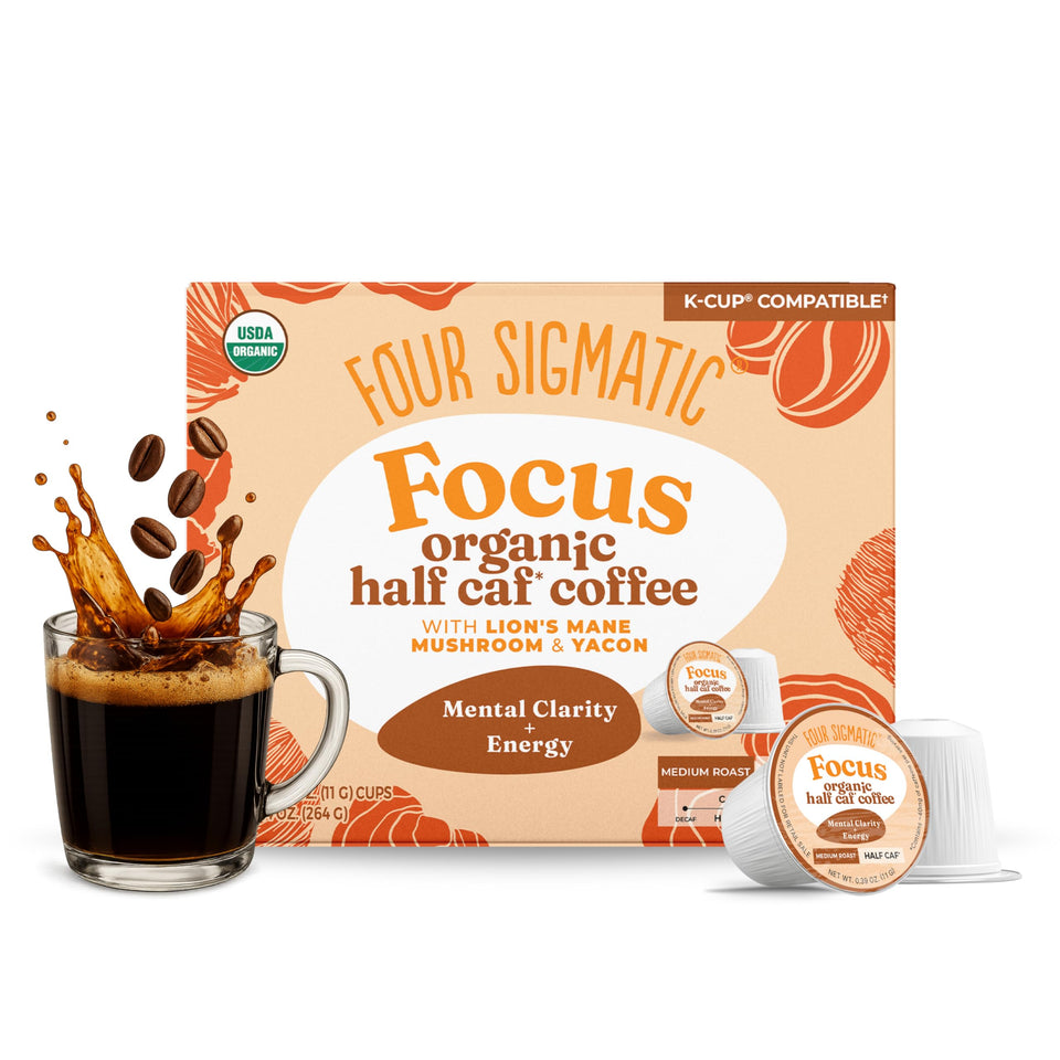 Four Sigmatic Focus Half Caf pods pack for steady energy and focus.