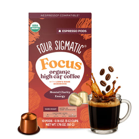 Four Sigmatic Focus high caffeine coffee pod for Nespresso Original delivers focused energy with a smooth, crash-free finish.