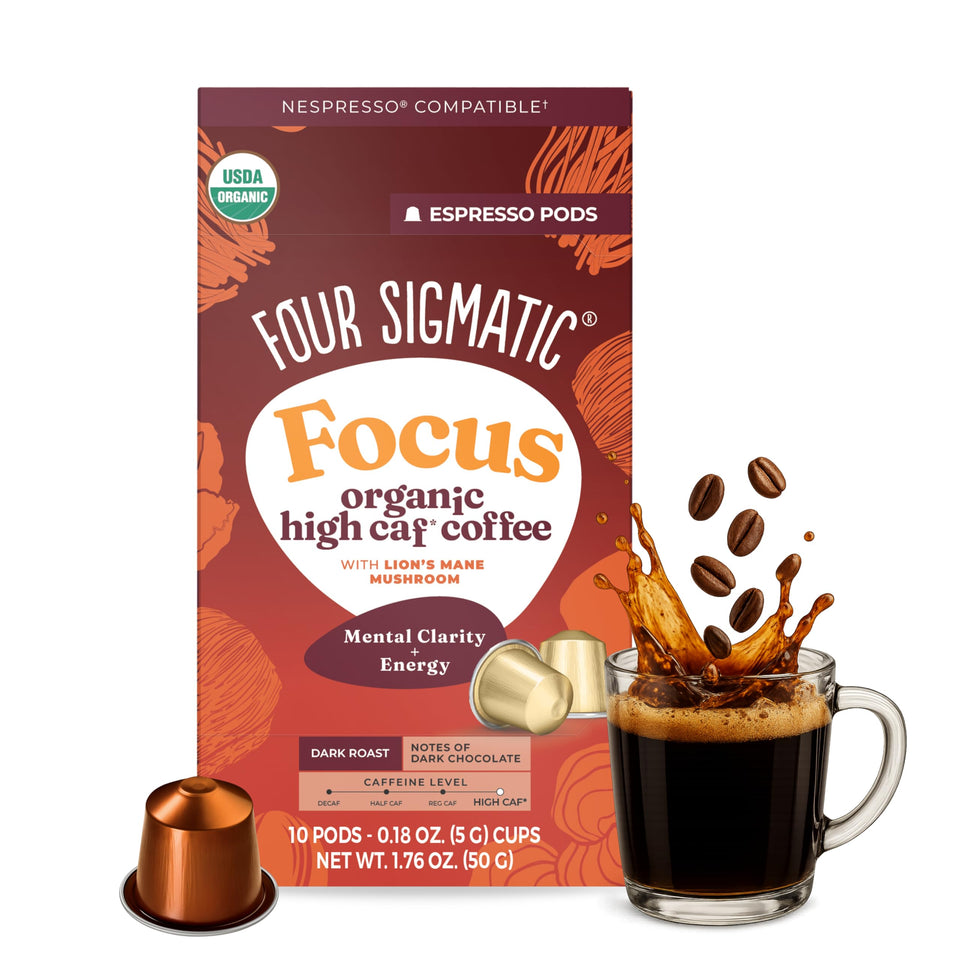 Four Sigmatic Focus high caffeine coffee pod for Nespresso Original delivers focused energy with a smooth, crash-free finish.