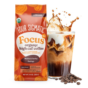 Four Sigmatic Focus Max bottle closeup showing mushroom-infused energy for focus.
