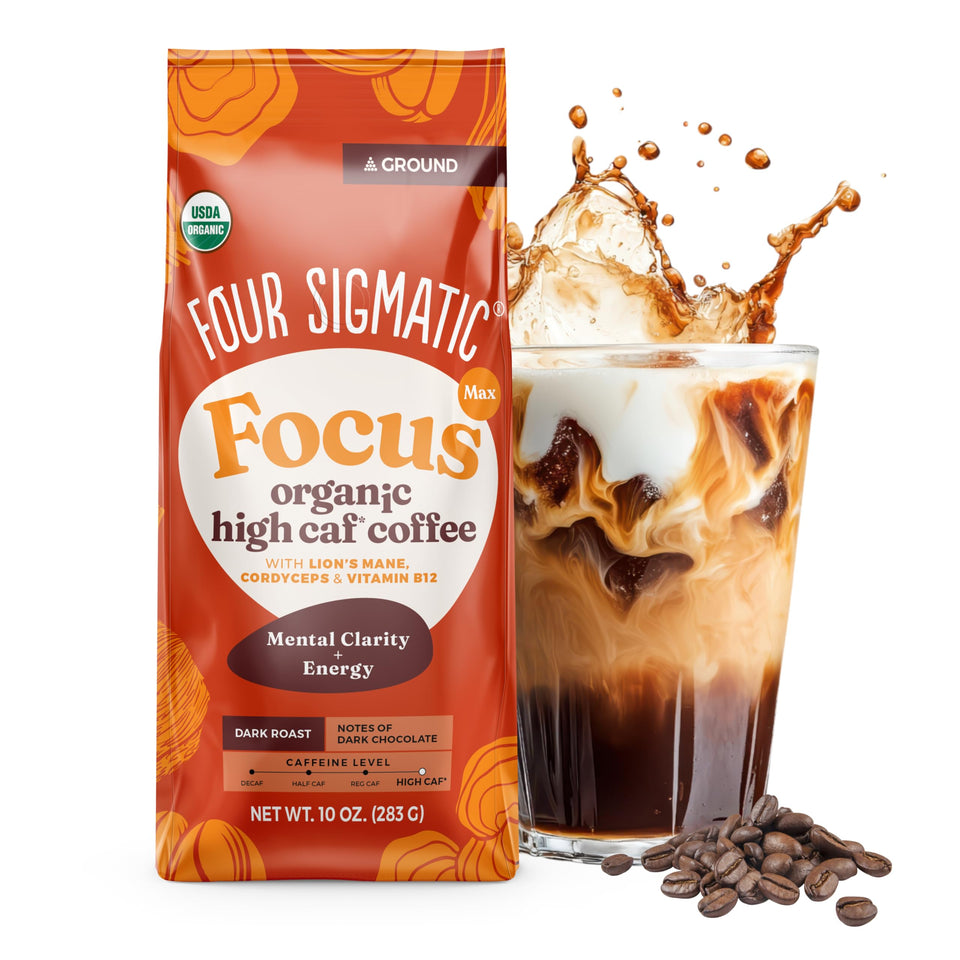Four Sigmatic Focus Max bottle closeup showing mushroom-infused energy for focus.