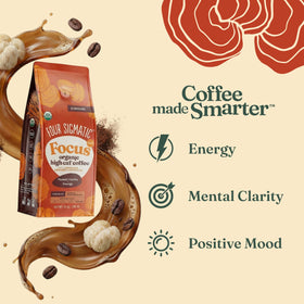 Four Sigmatic Focus Max coffee cup steaming highlights bold flavor and clarity.