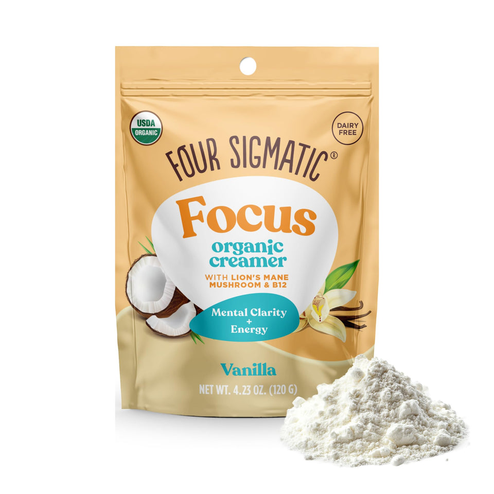 Four Sigmatic Focus Vanilla Coffee Creamer bottle with vanilla flavor and focus-enhancing benefits