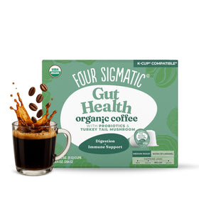 Four Sigmatic Gut Health organic coffee pods in box for a consistent morning ritual.