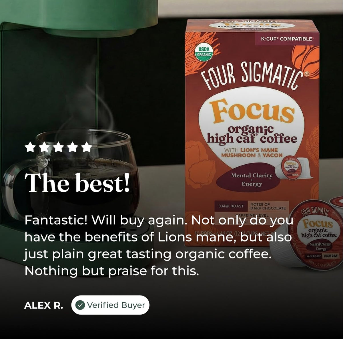 Four Sigmatic fruiting body detail emphasizing nutrient-rich mushroom content.