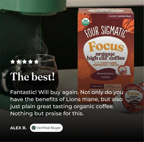 Four Sigmatic fruiting body detail emphasizing nutrient-rich mushroom content.