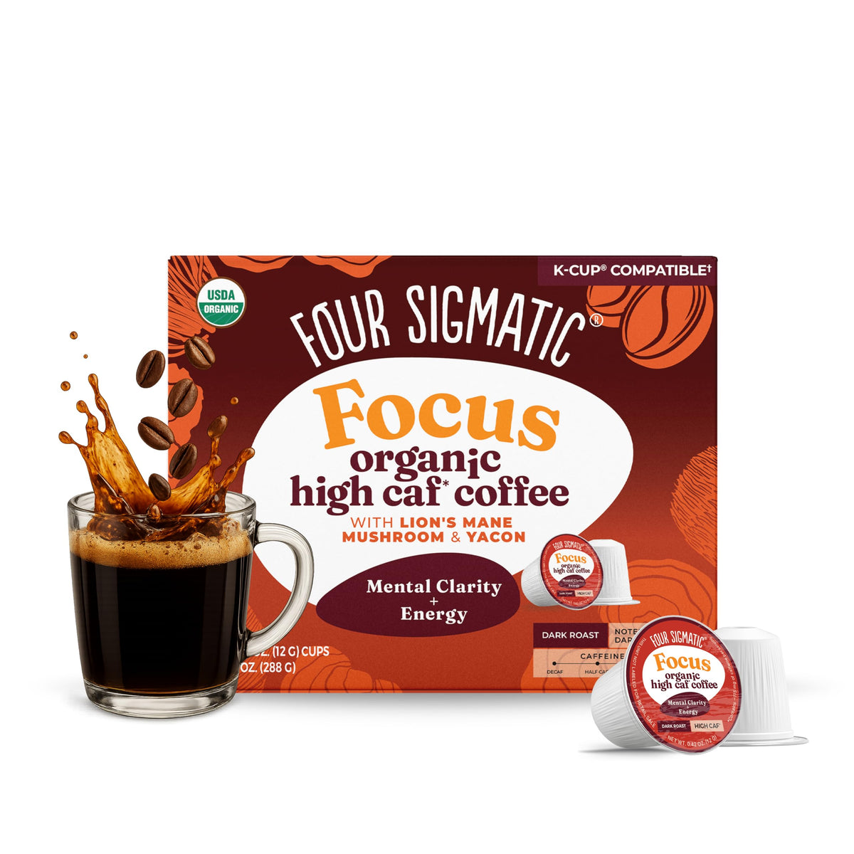 Four Sigmatic High Caffeine Mushroom Coffee K-Cups box for on-the-go energy