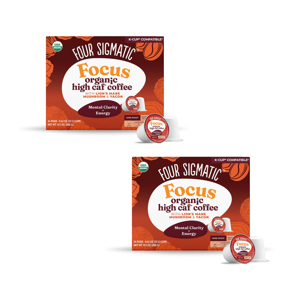 Four Sigmatic high caffeine mushroom coffee k-cups packshot highlights convenient, sustainable pods