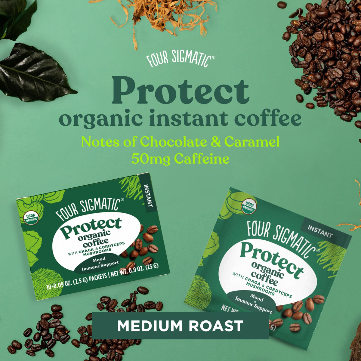 Four Sigmatic instant coffee powder cup with aroma suggests fast wake-up