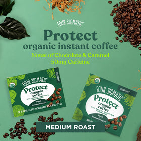 Four Sigmatic instant coffee powder cup with aroma suggests fast wake-up