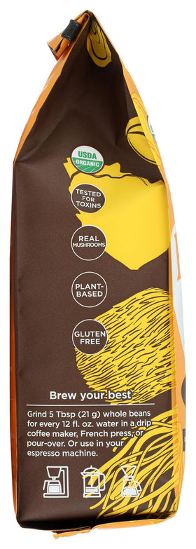 Four Sigmatic Lion's Mane coffee packaging-label highlights organic and fair-trade sourcing