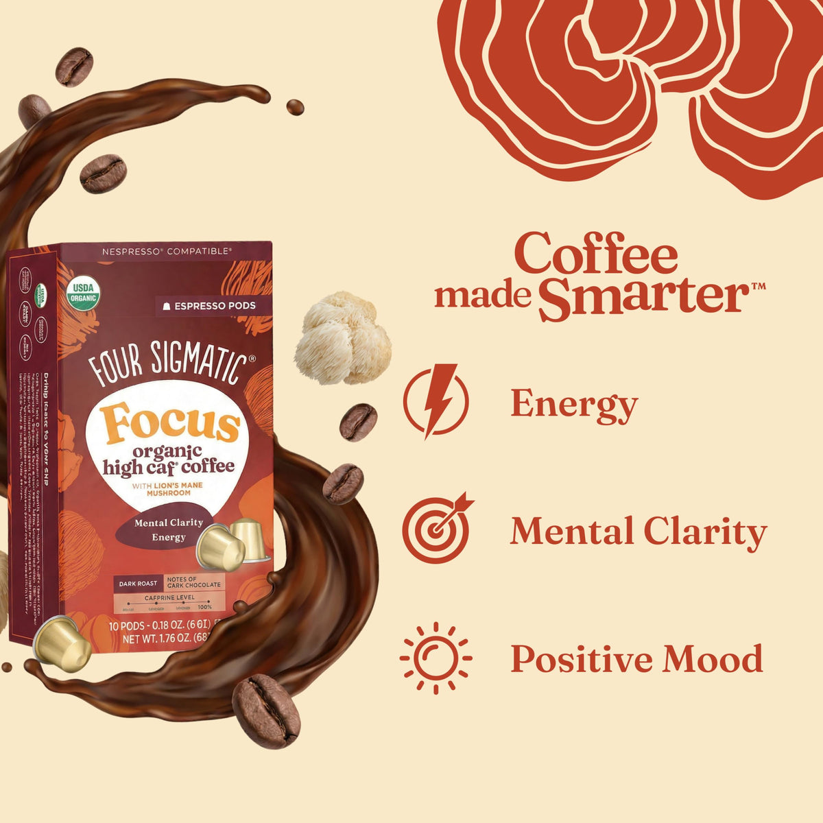Four Sigmatic Lion's Mane-infused coffee pod enhances focus with a rich dark roast.