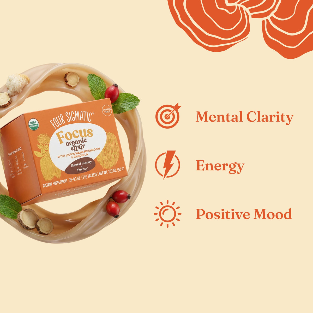 Four Sigmatic Lion's Mane Focus Elixir mug with steam for caffeine-free energy support