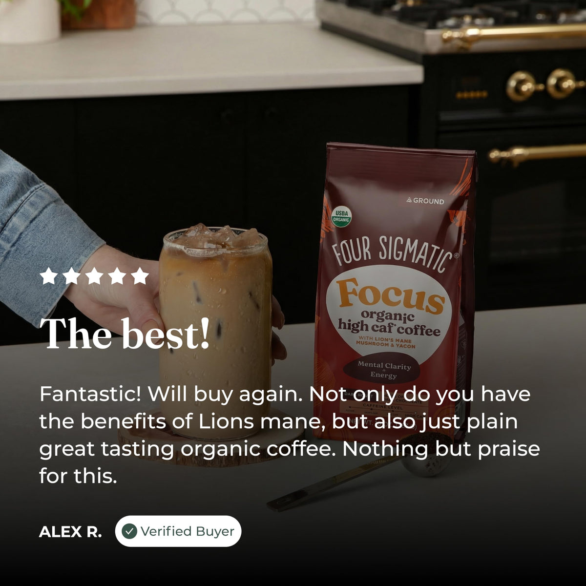 Four Sigmatic Lions Mane ground coffee steam mug evokes morning energy.